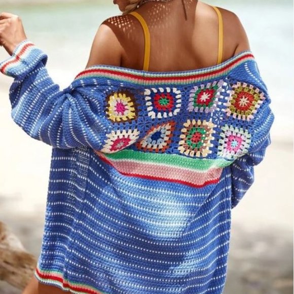 SHEIN Sweaters - SHEIN VCAY Striped and Geo Pattern Pointelle Knit Drop Shoulder Cardigan